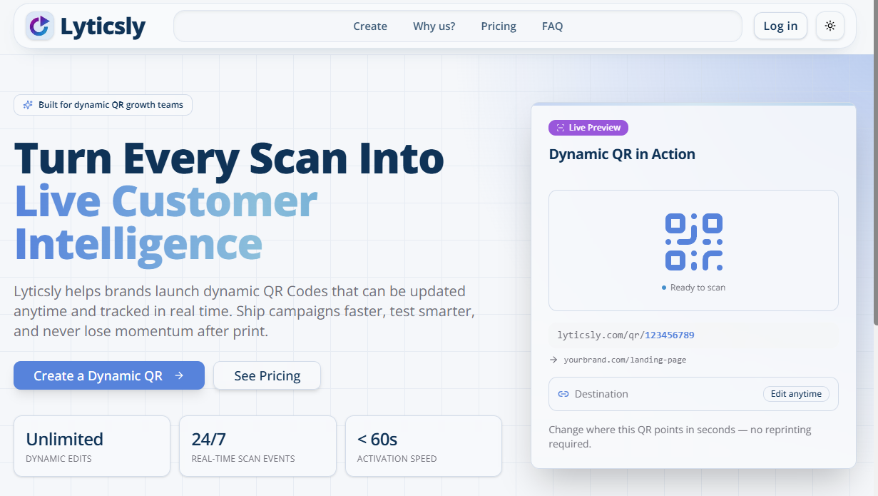 The Lyticsly homepage and dynamic QR preview
